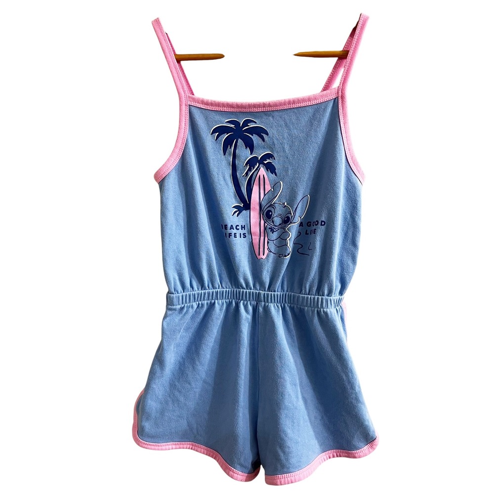 Disney Stitch Girls Blue Pink Beach Life Surfboard Romper L 10/12 SP2562350LS